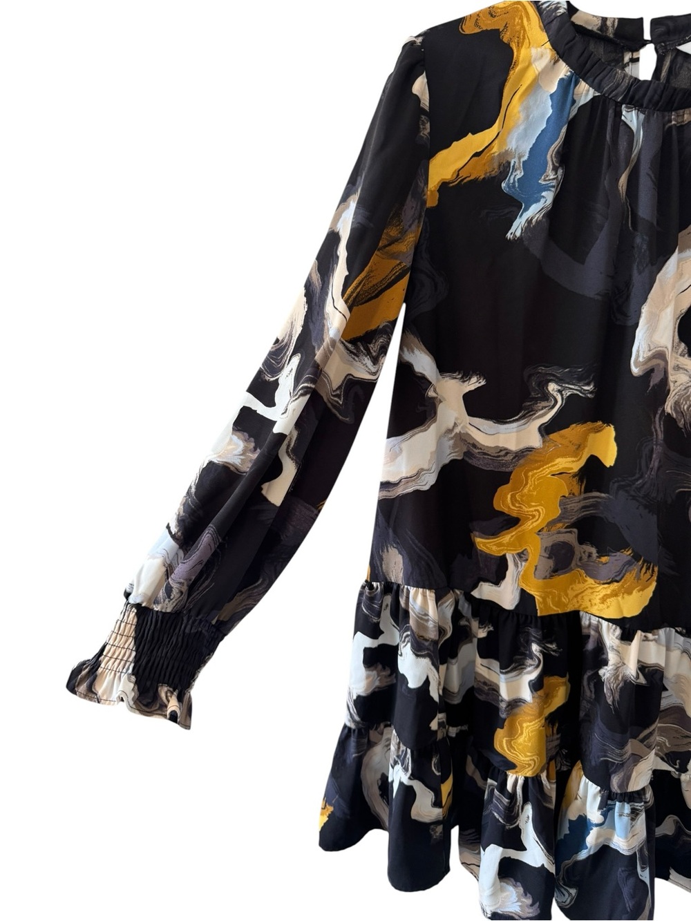 Nine West Black Abstract Swirl Long-Sleeve Dress with Mustard yellow and Cream - Picture 3 of 4